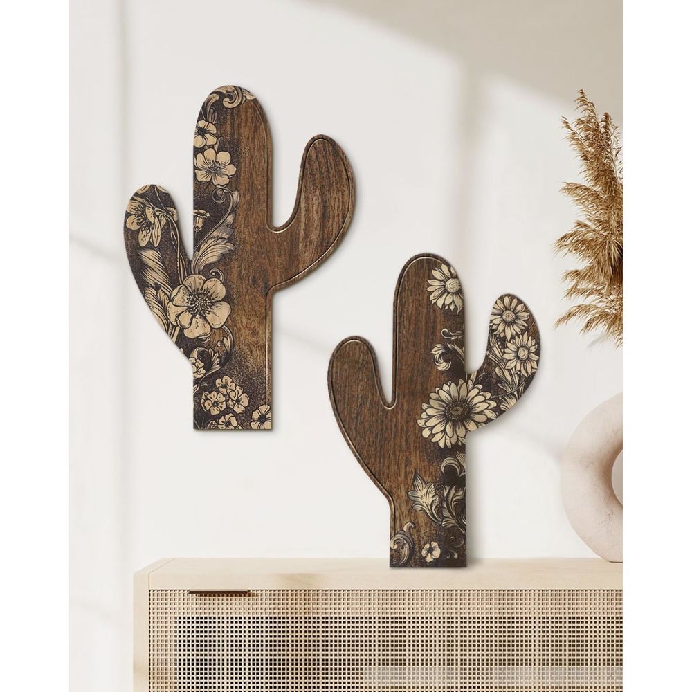 2 Pieces Aztec Cactus Decor, Farmhouse Wall Decor, Rustic Flower Patterns Wood🦛